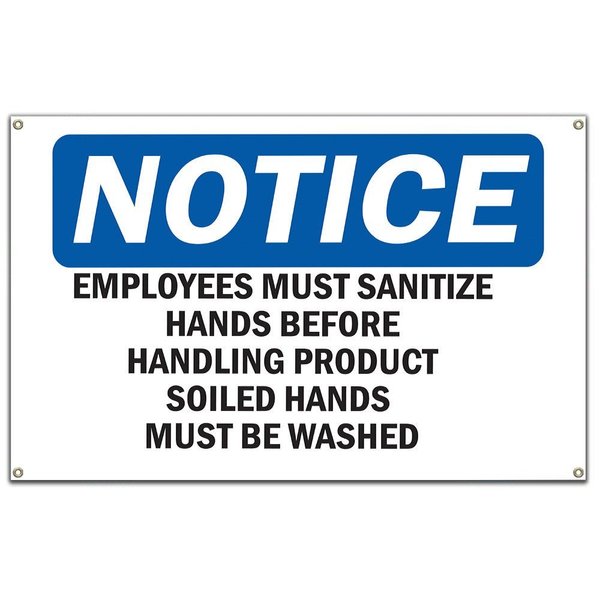 Signmission OSHA Notice Sign, Employees Must Sanitize Hands Before Handling, 60 in Banner, OS-NS-B-60-11965 OS-NS-B-60-11965